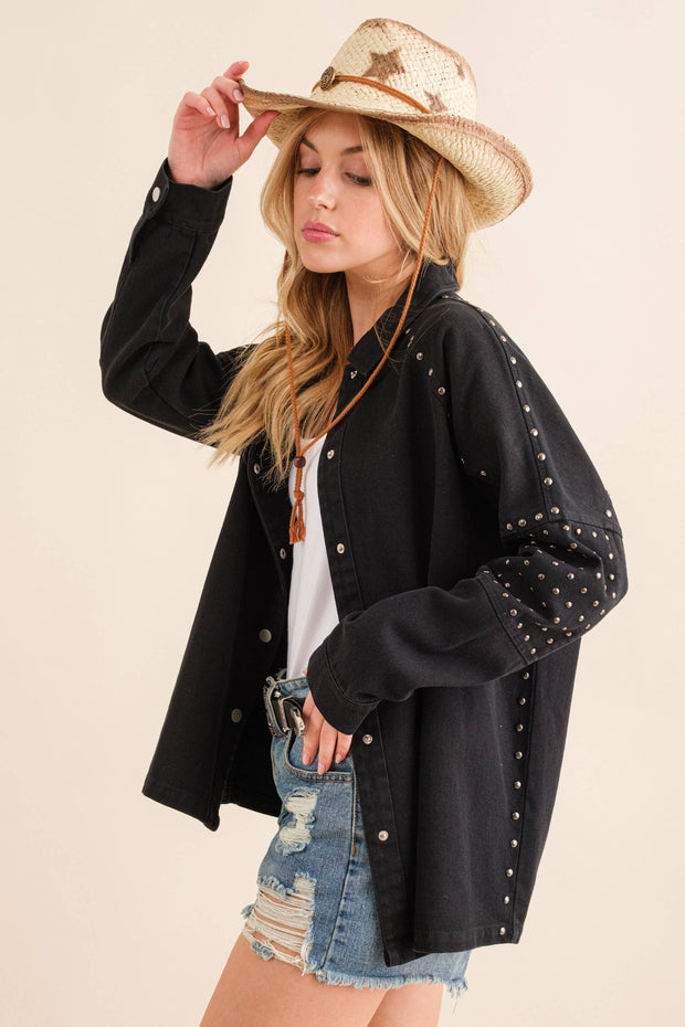 Studded Elbow Chevron Back Oversized Twill Jacket BLACK