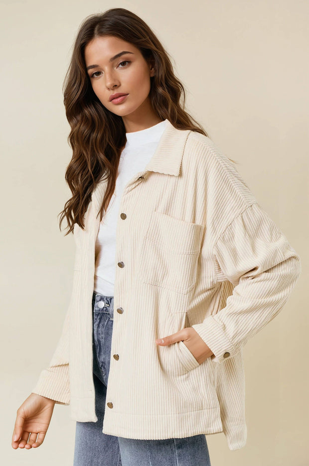 Olive Corduroy Front Button Down Oversized Jacket