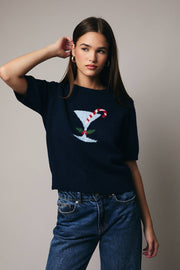 Holiday Martini Cocktail GRAPHIC SWEATER TOP- dark navy