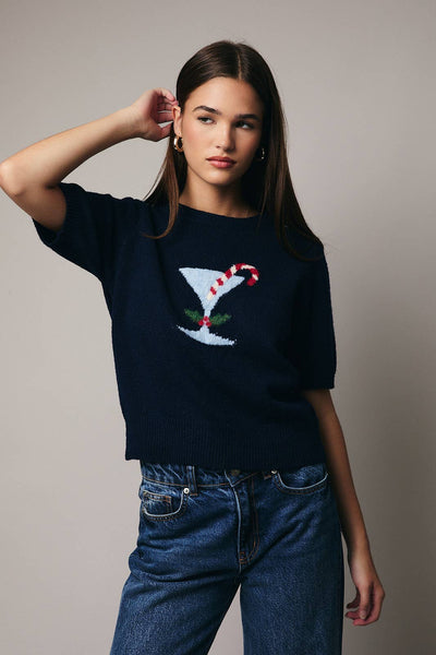 Holiday Martini Cocktail GRAPHIC SWEATER TOP- dark navy