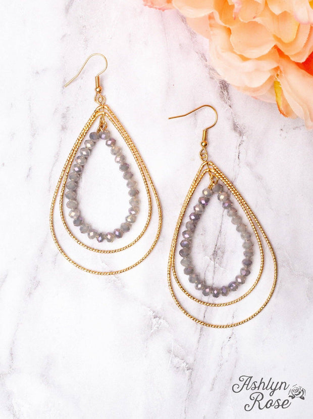 GOLD TEARDROP GREY CRYSTAL BEADED HOOP EARRINGS: Grey / One Size