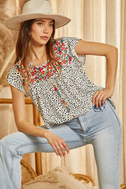 Embroidered Ruffle Sleeve Top