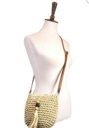 Straw crossbody with wood accents