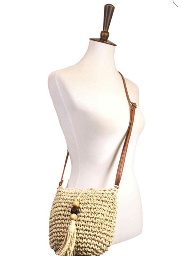 Straw crossbody with wood accents